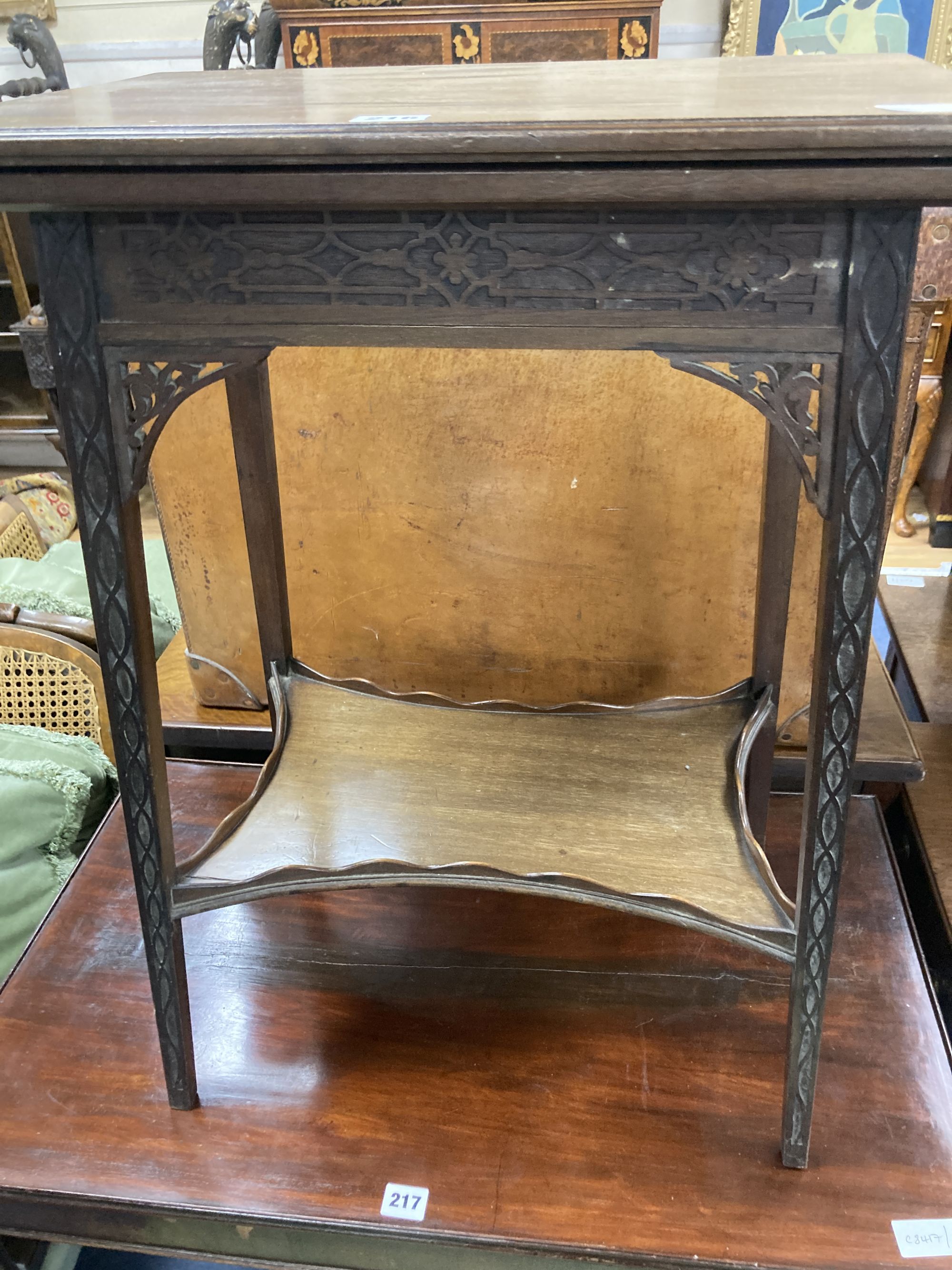 An Edwardian mahogany blind fret folding tea table, width 52cm, depth 37cm, height 69cm